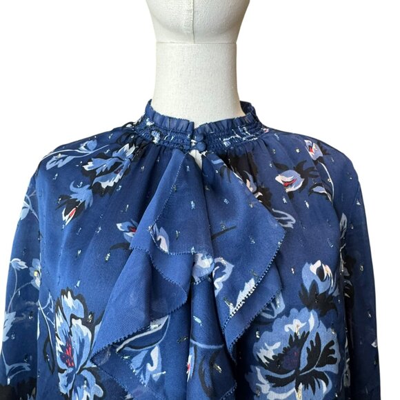 White House Black Market Blue Floral Blouse | Size 14 | Ruffle Neck | 26" Length - Picture 2 of 9